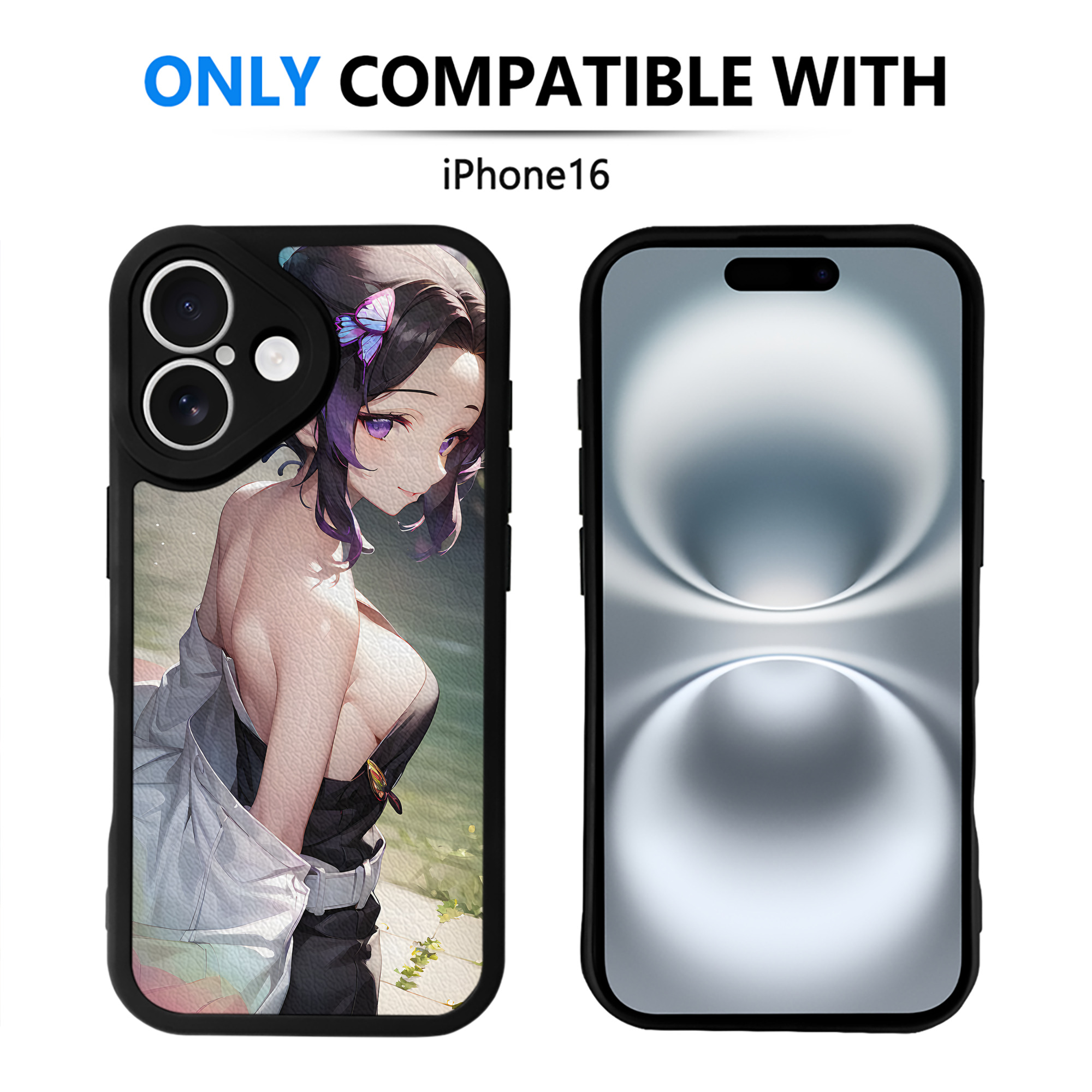 （画像用） 鬼滅の刃（きめつのやいば）蟲柱-胡蝶 しのぶ／こちょう しのぶ Kochou Shinobu 【iPhone 16シリーズ対応】シリコンスマホケース（レザー調） 材質：シリコン